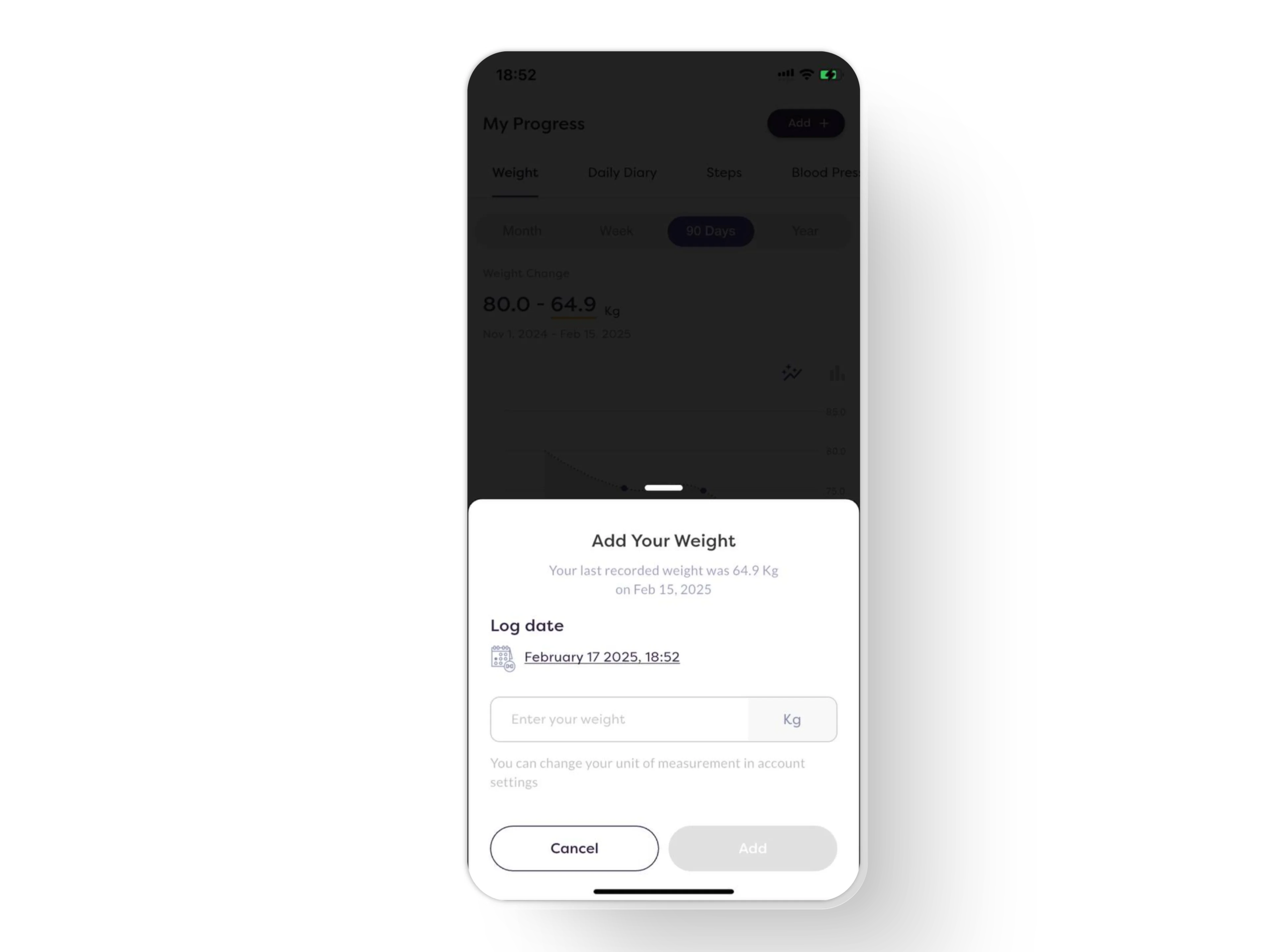 Counterweight app — log weight biometric screen