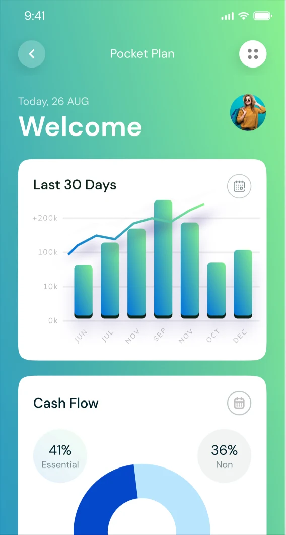 PocketPlan mobile app — net worth and cash flow dashboard